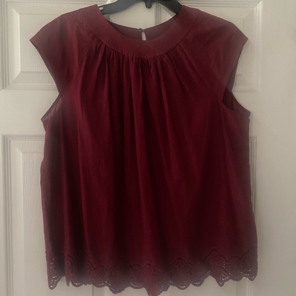 Madewell Wine Sleeveless Blouse with Scalloped Eyelet Hem